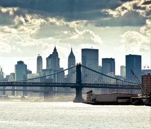 Превью обои нью йорк, манхеттен, панорама, река, мост