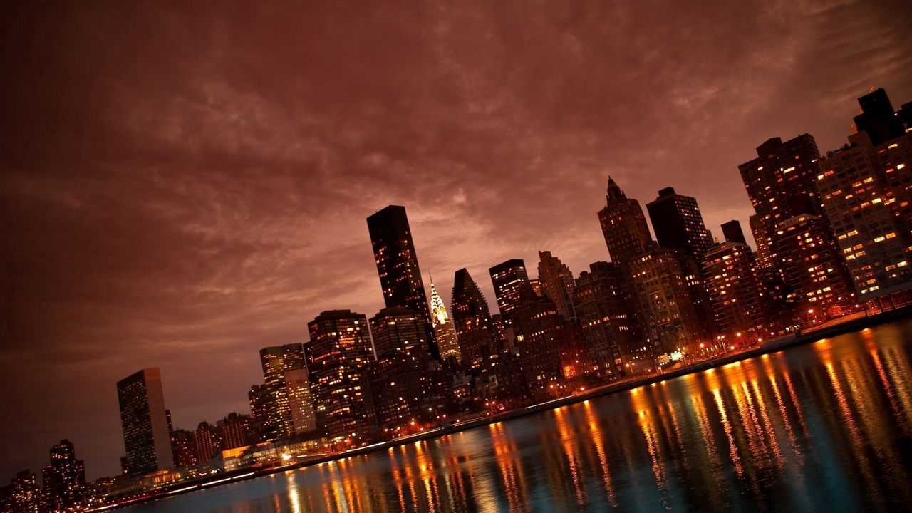 Обои нью-йорк, манхэттен, здания, отражения, берег