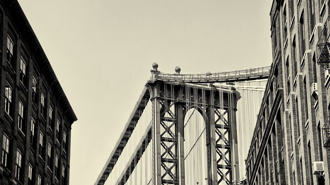 Обои нью-йорк, мост, небо, чб