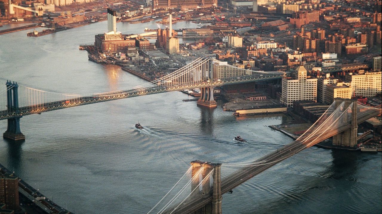 Обои нью-йорк, мост, вид сверху, здания