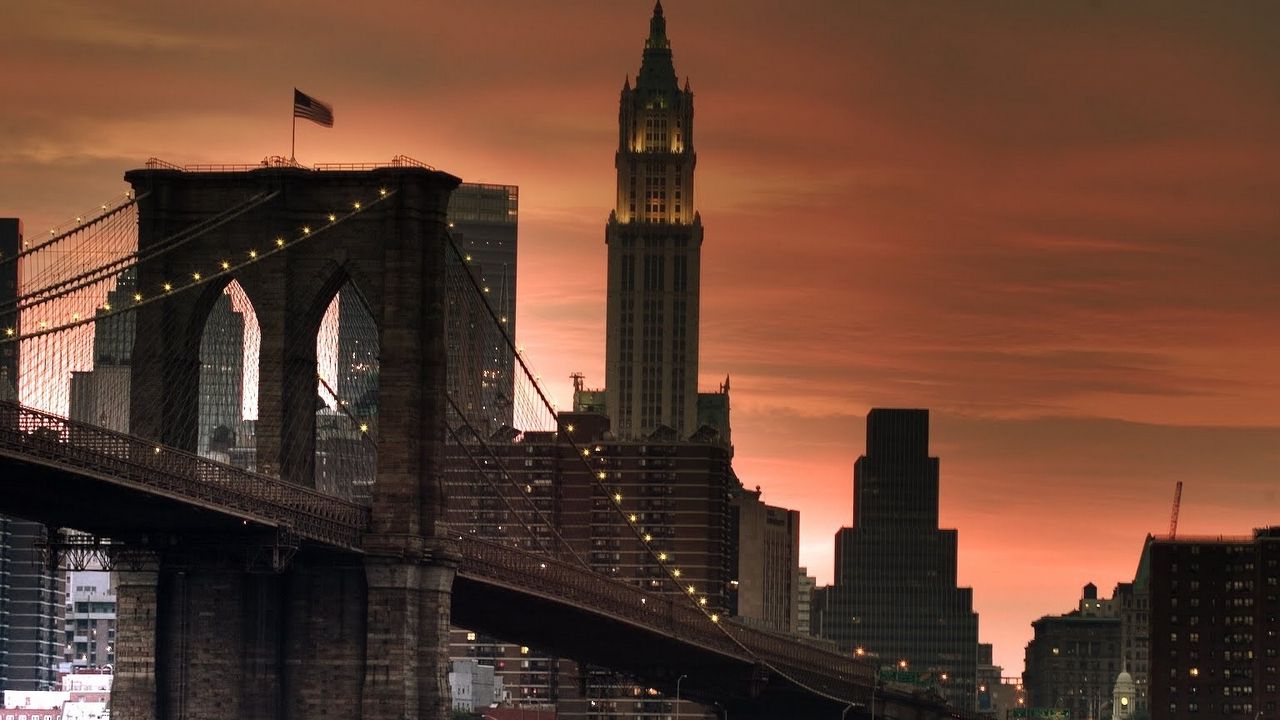 Обои нью-йорк, мост, закат, свет, небоскребы