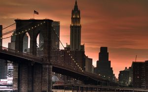 Превью обои нью-йорк, мост, закат, свет, небоскребы