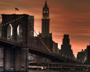 Превью обои нью-йорк, мост, закат, свет, небоскребы