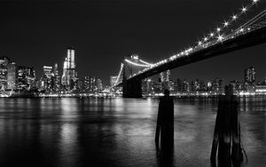 Превью обои нью-йорк, мост, здания, ночь, чб