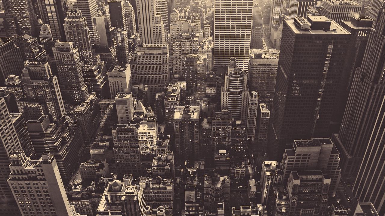 Обои нью-йорк, небоскребы, вид сверху, мегаполис, чб