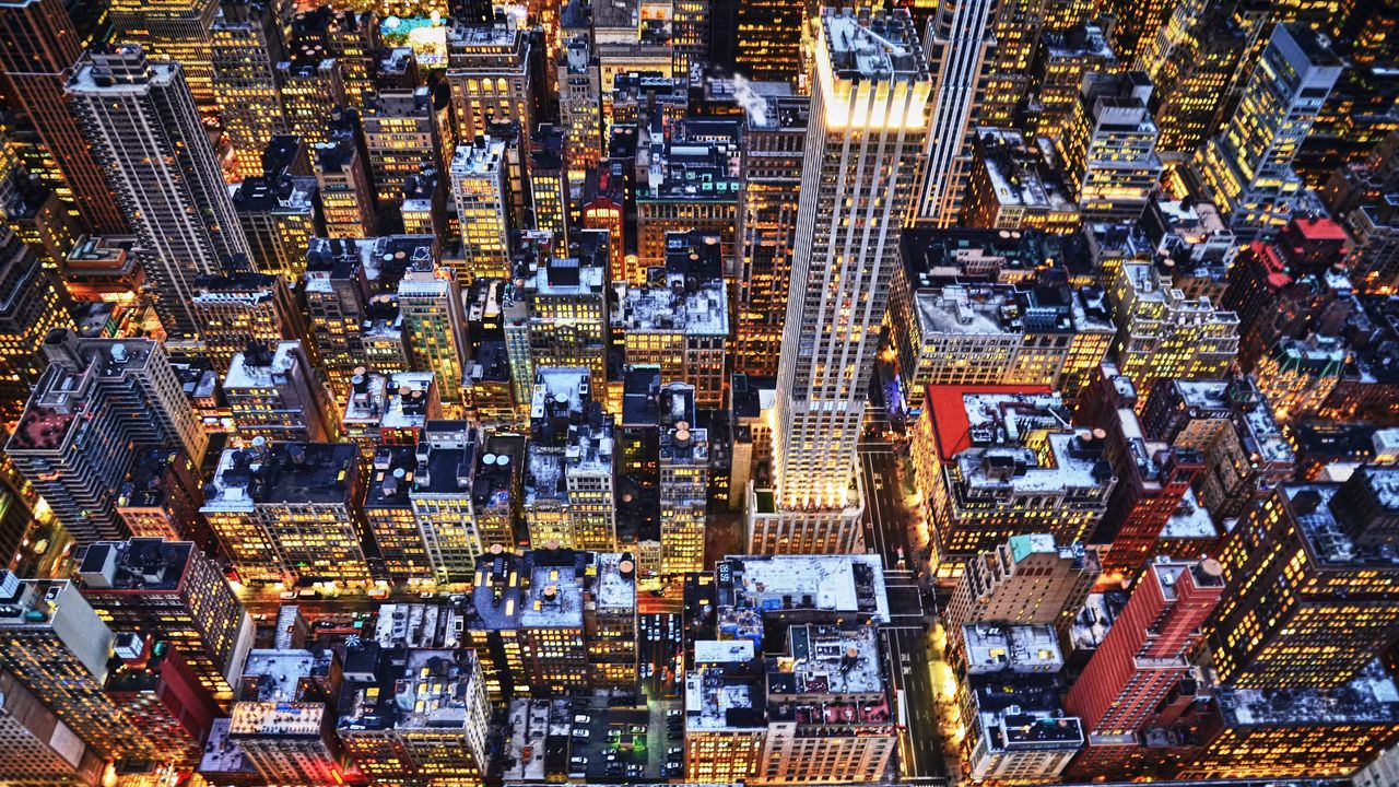 Обои нью-йорк, небоскребы, здания, крыши, огни, вечер, зима