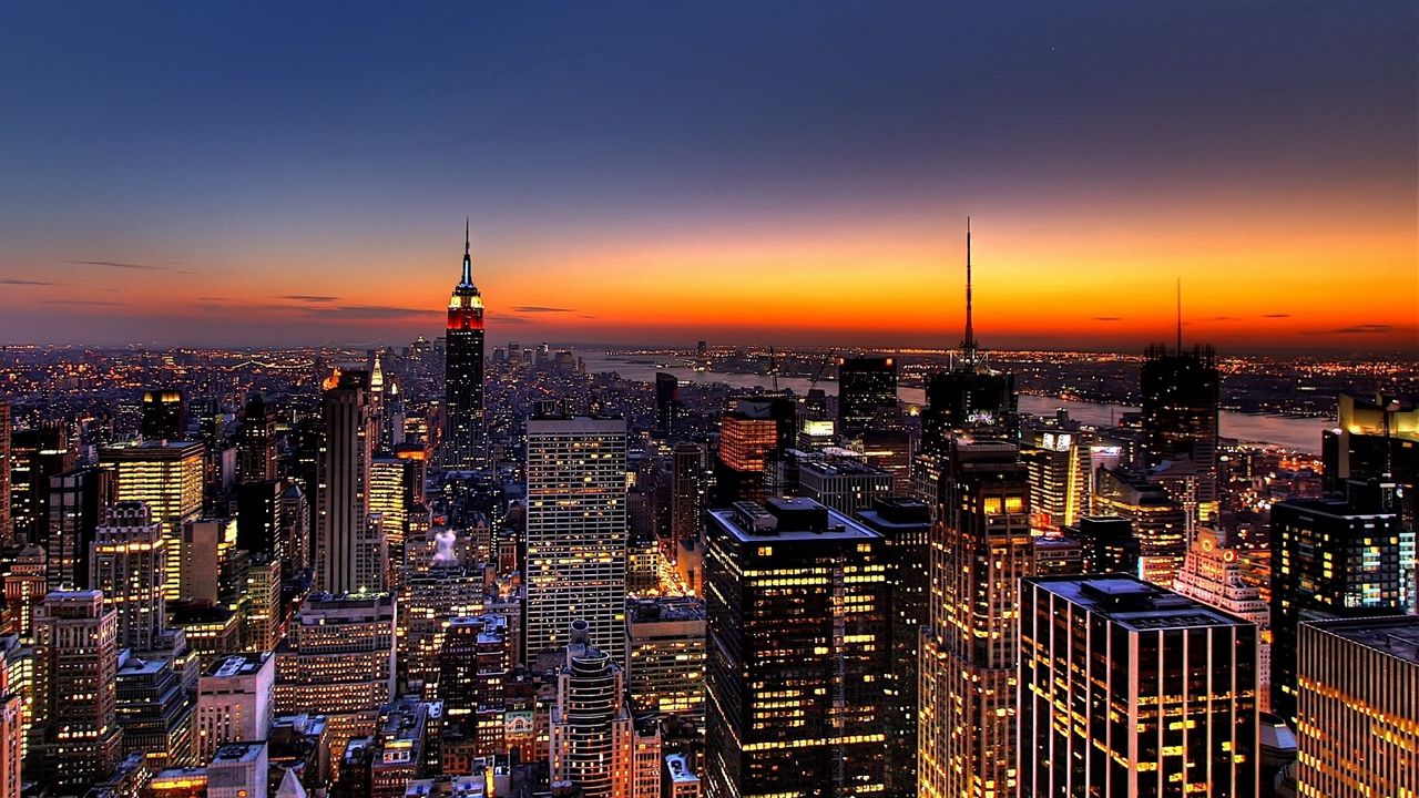 Обои нью-йорк, ночь, небоскребы, вид сверху