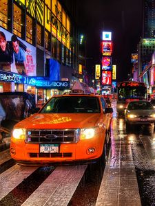 Превью обои нью-йорк, ночь, такси, пешеходный переход