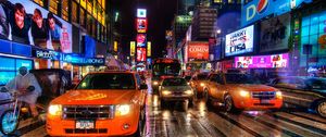 Превью обои нью-йорк, ночь, такси, пешеходный переход