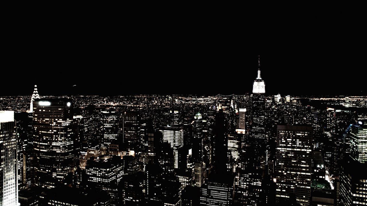 Обои нью-йорк, ночной город, небоскреб, огни города, горизонт