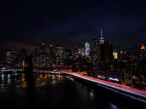 Превью обои нью-йорк, сша, ночной город, берег, небоскребы