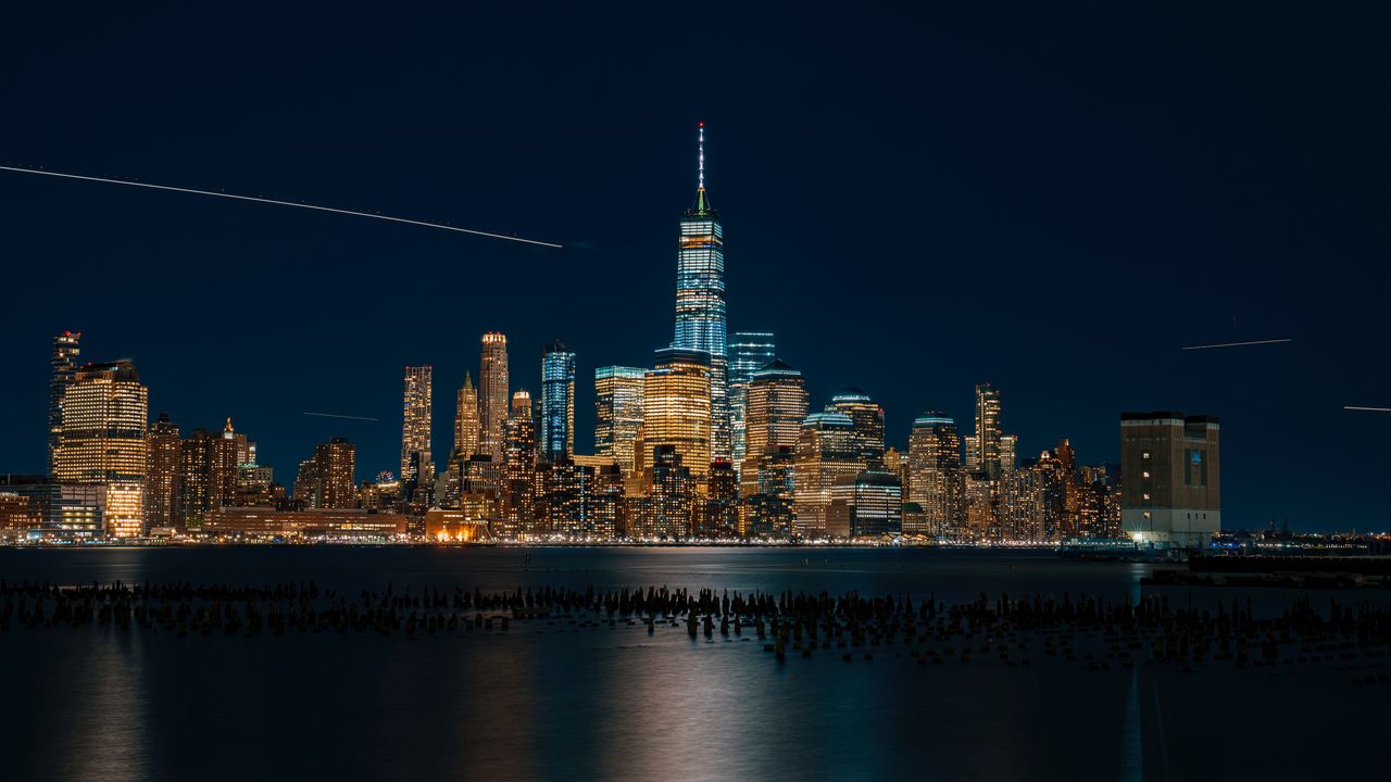 Обои нью-йорк, сша, ночной город, панорама, небоскребы, берег