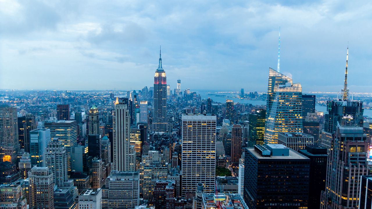 Обои нью-йорк, здания, небоскребы, ночь, вид сверху