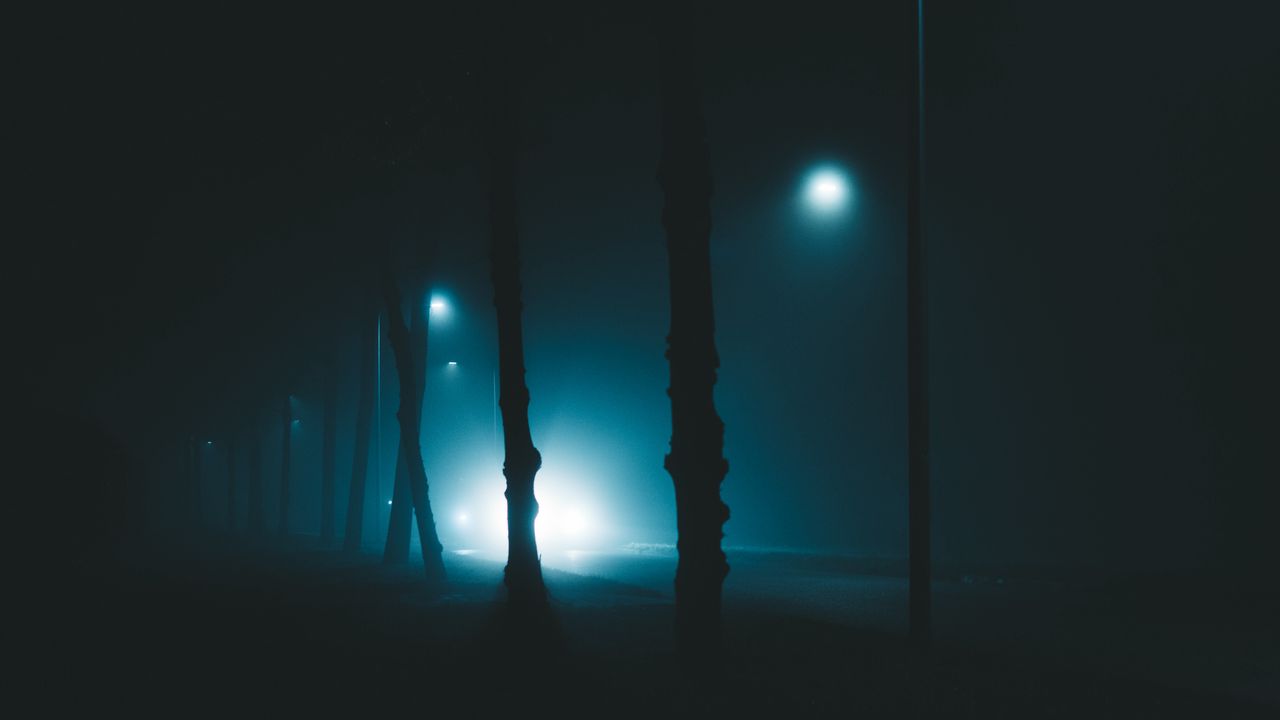 Обои ночь, деревья, туман, фонари, свет, мрачный, окутывающий