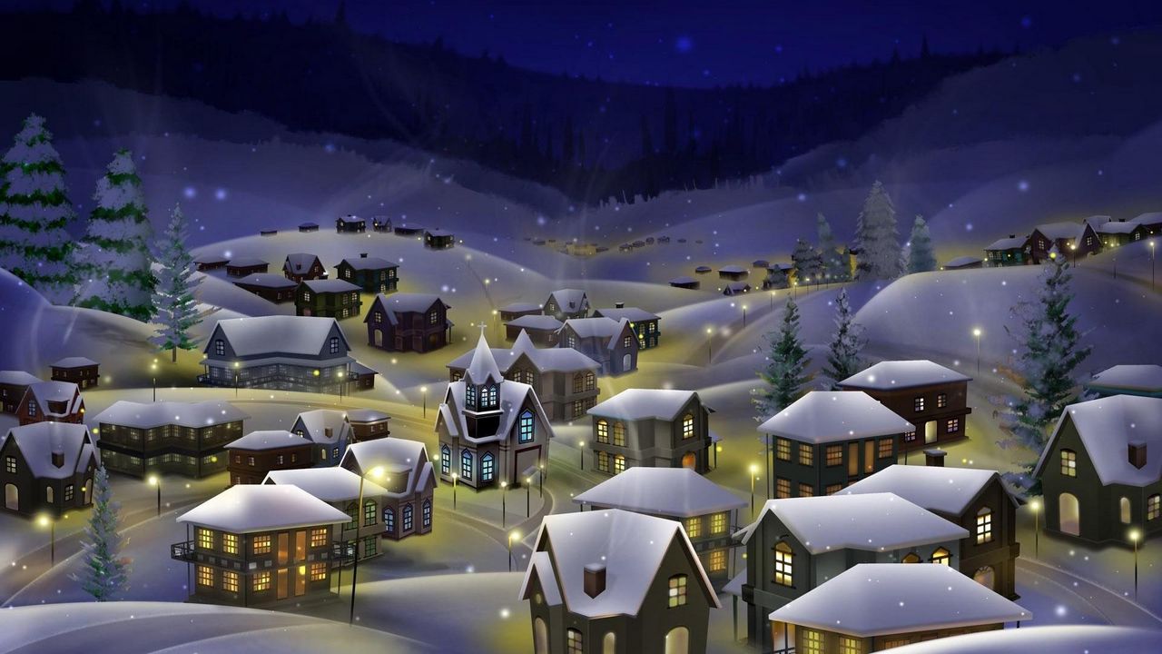 Обои ночь, город, снег, рождество, праздник