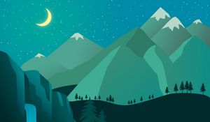 Превью обои ночь, луна, водопад, горы, арт