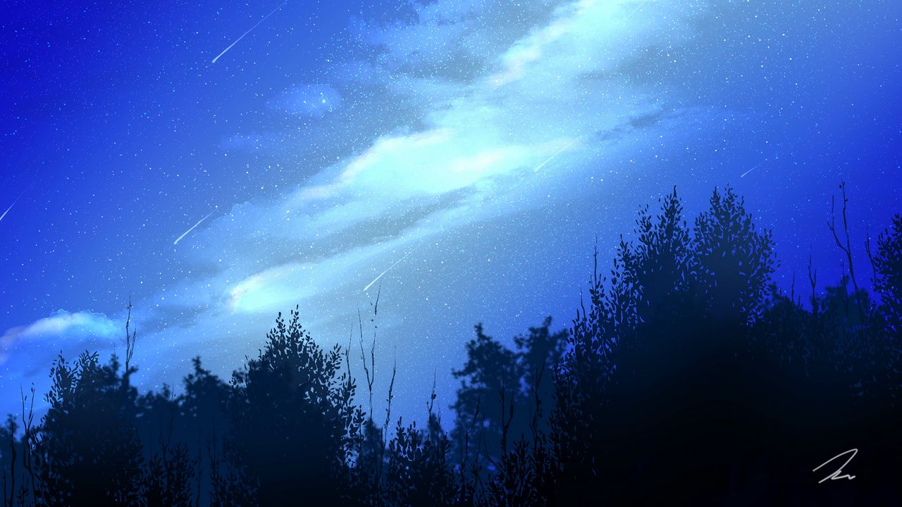 Обои ночь, звездопад, деревья, облака, звездное небо