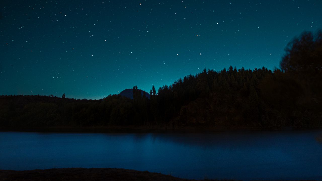Обои ночь, звезды, озеро, деревья, пейзаж