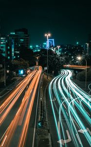 Превью обои ночной город, длительное воздействие, дорога, направление