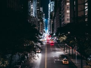 Превью обои ночной город, дорога, деревья, движение, нью-йорк, сша