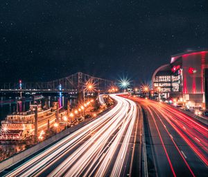 Превью обои ночной город, дорога, огни города, длительное воздействие