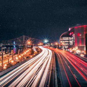 Превью обои ночной город, дорога, огни города, длительное воздействие