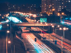 Превью обои ночной город, дорога, вид сверху, огни