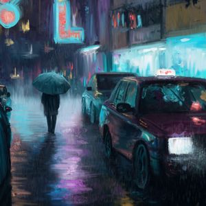 Превью обои ночной город, дождь, арт, живопись, силуэт, улица, машины