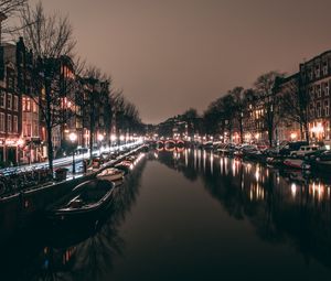 Превью обои ночной город, канал, огни города, амстердам, нидерланды