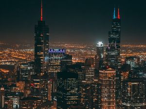 Превью обои ночной город, мегаполис, вид сверху, здания, небоскребы