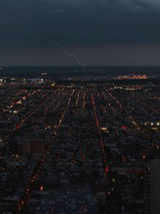 Превью обои ночной город, молния, огни, горизонт