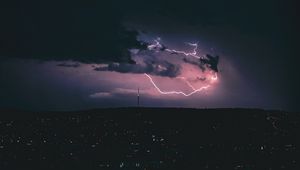 Превью обои ночной город, молния, свечение, огни