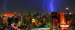 Превью обои ночной город, молния, здания, бангкок, таиланд