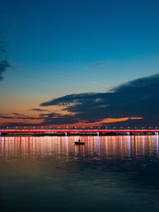 Превью обои ночной город, мост, лодка, море