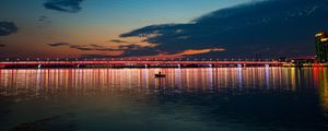 Превью обои ночной город, мост, лодка, море