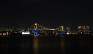 Превью обои ночной город, мост, огни, луна, вода