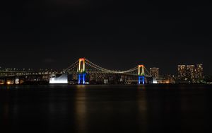 Превью обои ночной город, мост, огни, луна, вода