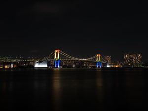 Превью обои ночной город, мост, огни, луна, вода