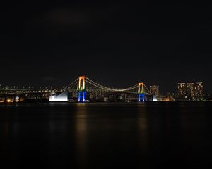 Превью обои ночной город, мост, огни, луна, вода