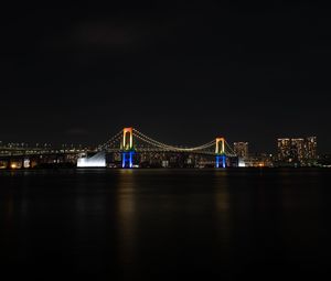 Превью обои ночной город, мост, огни, луна, вода