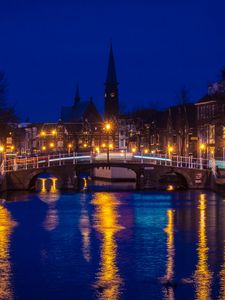 Превью обои ночной город, мост, огни города, архитектура, нидерланды