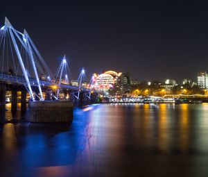 Превью обои ночной город, мост, река, архитектура, огни, отражение