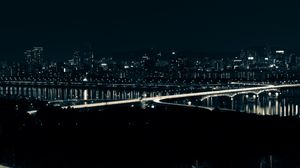 Превью обои ночной город, мост, свечение, темный, вид сверху