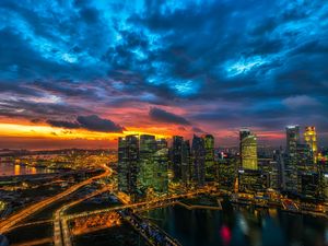 Превью обои ночной город, небоскребы, мегаполис, закат, облака