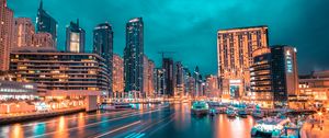 Превью обои ночной город, небоскребы, порт, огни города