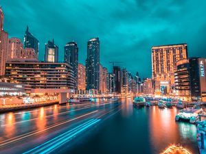 Превью обои ночной город, небоскребы, порт, огни города