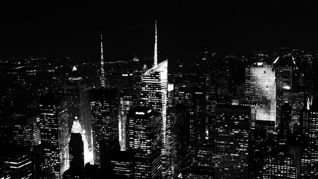 Обои ночной город, небоскребы, здания, вид сверху, нью-йорк, черно-белый