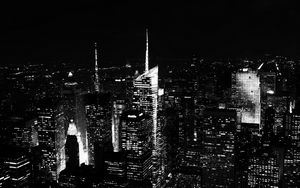 Превью обои ночной город, небоскребы, здания, вид сверху, нью-йорк, черно-белый