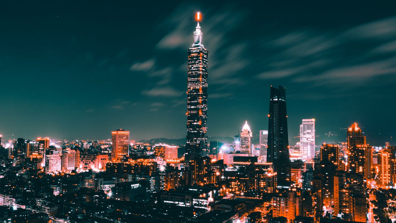 Обои ночной город, огни города, небоскребы, вид сверху, тайвань