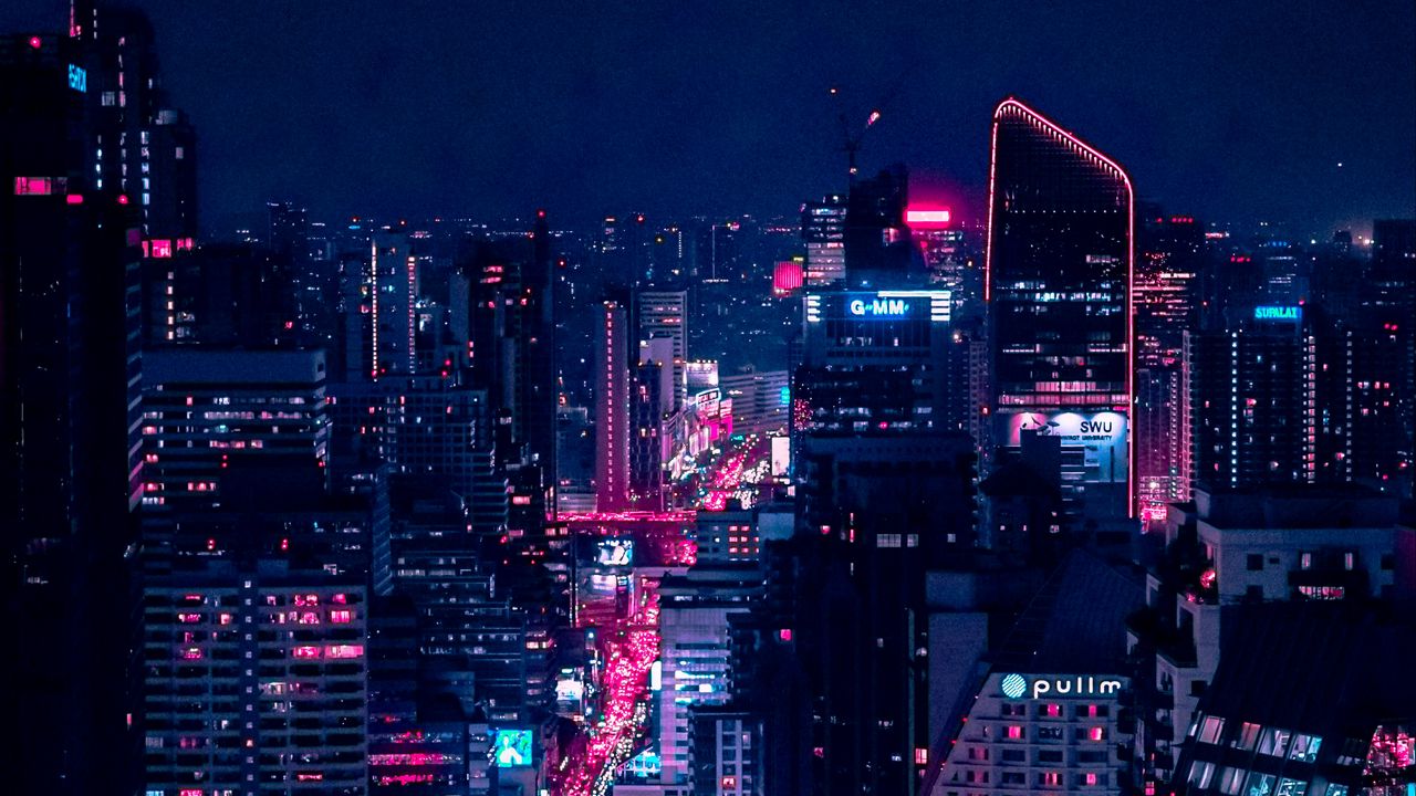 Обои ночной город, огни города, вид сверху, здания, архитектура, ночь